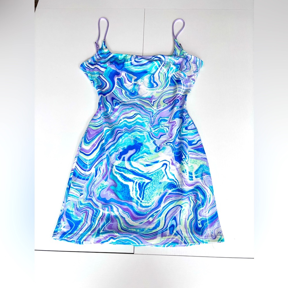 Lucy In The Sky Blue & Purple Mini Dress With Back Cut-Out & Tie Size Xs